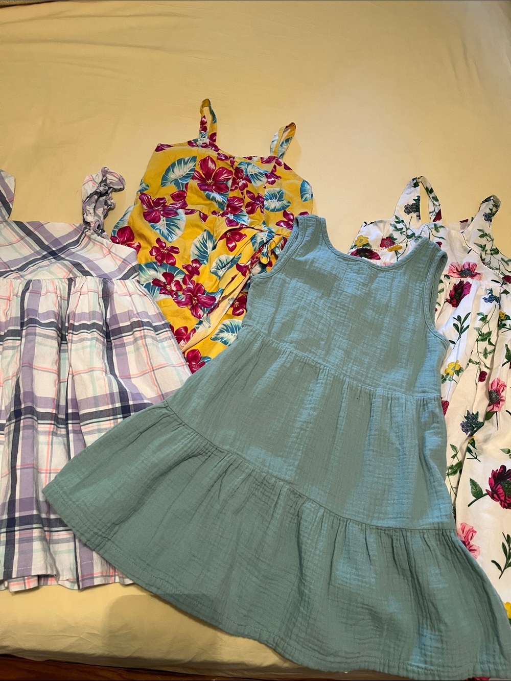 4 Pc Girls Dress Bundle 5T Yellow Floral, White Floral, Lavender Plaid, Green